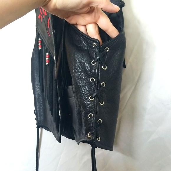 TRD Vintage Leather Vest With Roses and Beaded Fringe, Women Size Large. - Picture 6 of 16